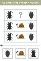 Education game for children to choose and complete the correct picture of a cute cartoon woodlouse snail or beetle printable bug worksheet vector