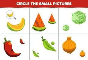 Education game for children circle the small picture of cute cartoon melon watermelon cabbage chilli pea onion printable worksheet vector