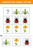 Education game for children to choose and complete the correct picture of a cute cartoon dragonfly flower or ladybug printable bug worksheet vector