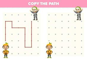 Education game for children copy the path help pumpkin boy move to the skeleton boy costume printable halloween worksheet vector