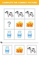 Education game for children to choose and complete the correct picture of a cute cartoon milk cheese or cow printable farm worksheet vector