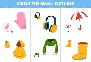 educación juego para niños escoger el pequeño imagen de linda dibujos animados mitón auricular paraguas impermeable bufanda bota imprimible usable hoja de cálculo vector