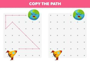 educación juego para niños Copiar el camino ayuda cohete moverse a el tierra planeta imprimible solar sistema hoja de cálculo vector