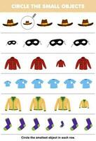 Education game for children circle the smallest object in each row of cute cartoon hat mask flannel t shirt cardigan sock printable wearable clothes worksheet vector