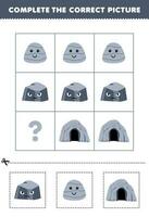 Education game for children to choose and complete the correct picture of a cute cartoon stone rock or cave printable nature worksheet vector