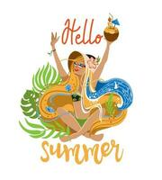 Hello summer. Beautiful girl on beach with cocktail on her hand. Beach party. Vector illustration.