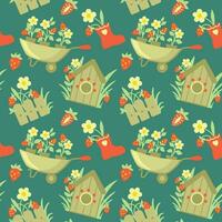 Summer garden, strawberry and flowers.  Tools and equipment for gardening. Seamless pattern. Vector. vector