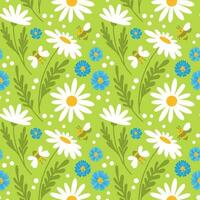 Wildflower daisy and cornflowers, summer print on green background. Seamless pattern, vector. vector