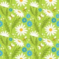 Wildflower daisy and cornflowers, summer print on green background. Seamless pattern, vector. vector