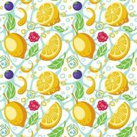Lemonade from lemons, blueberry and rasberry. Slices of lemons. ice cubes. Fresh cool drink with fruits. Seamless pattern. Vector. vector