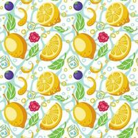 Lemonade from lemons, blueberry and rasberry. Slices of lemons. ice cubes. Fresh cool drink with fruits. Seamless pattern. Vector. vector