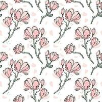 Branches with magnolia flowers. Flowering time. Seamless pattern on pastel colors. vector