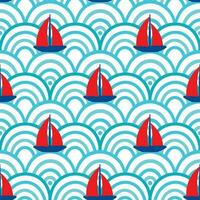 Sailboats at sea, kids illustration. Wavy background. Seamless pattern for fabric, wrapping, textile, wallpaper, apparel. Vector