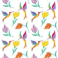 Hummingbirds fluttering over flowers. Colibri.  Summer print. Seamless pattern. vector