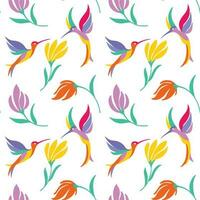 Hummingbirds fluttering over flowers. Colibri.  Summer print. Seamless pattern. vector