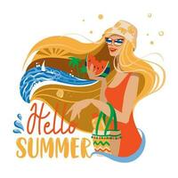 Beautiful girl in a summer hat and sunglasses enjoys the seascape. Hello summer. Vector illustration,  banner.