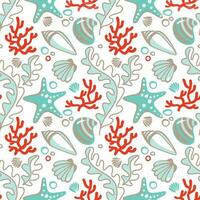 Sea shellsand corals. Ocean life. Seamless pattern. Summer print. Vector illustration.