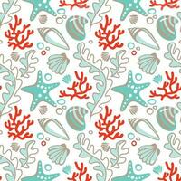 Sea shellsand corals. Ocean life. Seamless pattern. Summer print. Vector illustration.