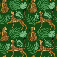 Leopard en jungla. Wild animals. Seamless pattern on green background. Vector illustration. Summer print.