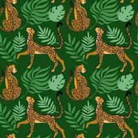 Leopard en jungla. Wild animals. Seamless pattern on green background. Vector illustration. Summer print.