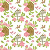 Rose bushes  and rustic bird feeder, vintage bird cage decor on the summer garden. Seamless pattern. Vector. vector