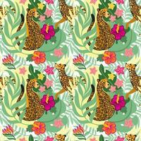 Leopard in tropical forest. Exotic flowers and leaves. Summer print. Seamless pattern. vector