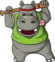 Strong Hippo standing and holding baseball bit vector