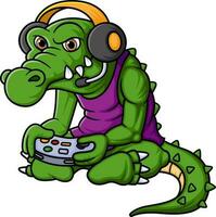 Crocodile Playing Game With Controller And Headphone Cartoon vector