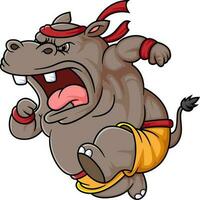 Cartoon hippo doing practicing running vector