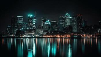 Illuminated skyscrapers reflect on the water in the modern cityscape generated by AI photo