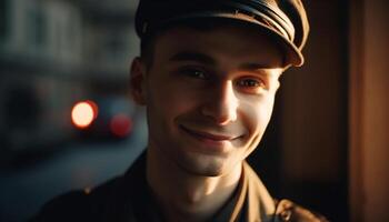 One young adult man smiling, looking at camera with confidence generated by AI photo