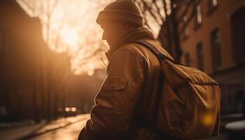 One man walking outdoors in autumn with backpack and jacket generated by AI photo