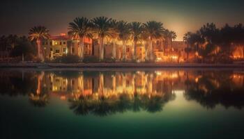 Tranquil scene of palm trees and sunset reflected in water generated by AI photo