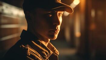 Young adult man, outdoors in city, wearing cap, looking serious generated by AI photo