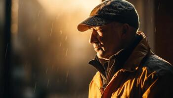 One man standing in the rain, looking away with sadness generated by AI photo