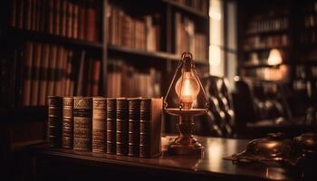 Antique book collection on old fashioned library shelf illuminates wisdom generated by AI photo