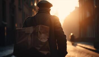 One businessman walking outdoors in the city at sunset generated by AI photo