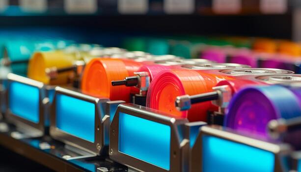 Multi colored spools of thread in a row at textile factory generated by AI photo