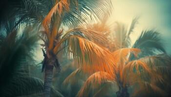 tranquilo escena de tropical crecimiento, Coco palma árbol, y belleza generado por ai foto