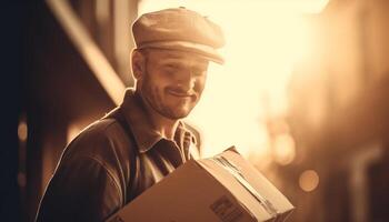 Smiling postal worker delivering package, holding cardboard box outdoors generated by AI photo