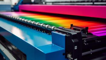 Modern printing press in a factory, producing multi colored documents generated by AI photo