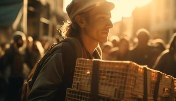 joven adultos disfrutando ciudad vida, caminando hacia el puesta de sol generado por ai foto