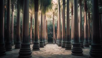 Tranquil scene of a tropical forest with palm trees and vanishing point generated by AI photo