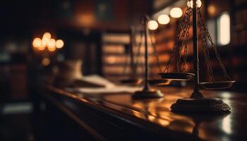 Antique gavel on marble table in defocused courthouse background generated by AI photo