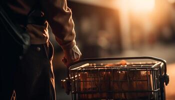 sano hombre compras para Fresco comestibles en ocupado supermercado Tienda generado por ai foto