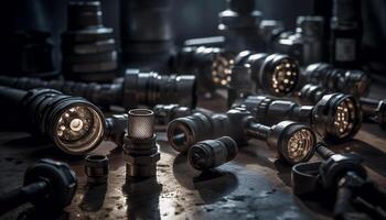 Metal worker repairs engine with wrench in industrial workshop generated by AI photo