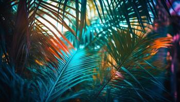 Vibrant sunset colors illuminate tranquil tropical rainforest palm tree backdrop generated by AI photo