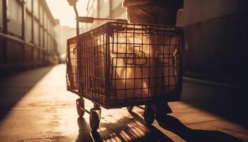 hombre que lleva lleno compras carro en iluminado ciudad calle a noche generado por ai foto