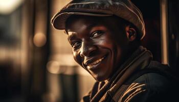 African American man smiling with confidence in fashionable winter attire generated by AI photo