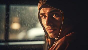 Young adult male looking out window at rainy night outdoors generated by AI photo